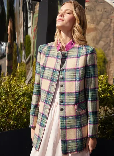 Ocante Tweed Coat Mid-Length Coat in Green/Pink Check
